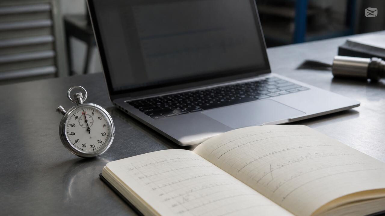 Un chronomètre mécanique posé à côté d'un ordinateur portable sur un plan de travail en métal brossé, avec un carnet ouvert sur une colonne de mesures manuscrites