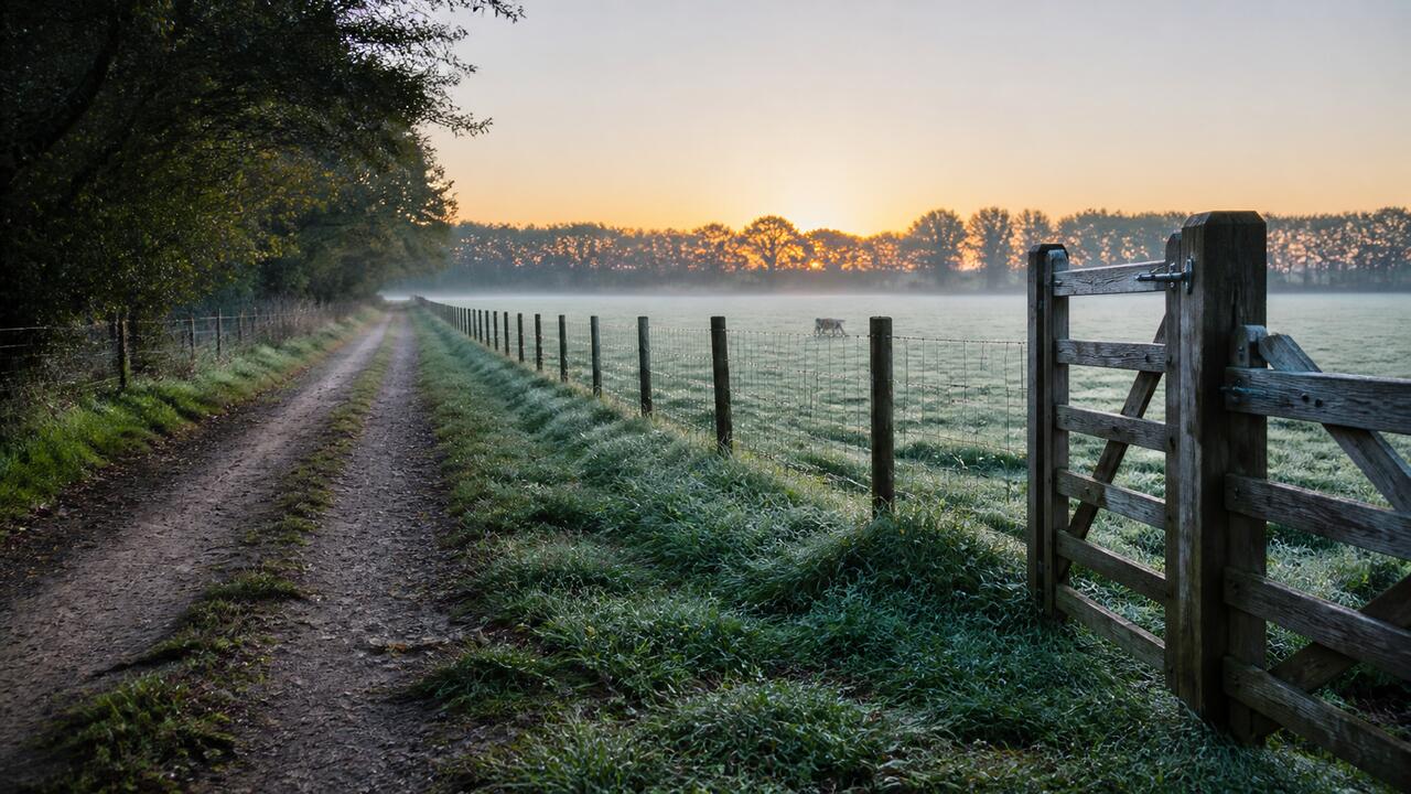 Un chemin de terre longeant un pré clôturé au petit matin, herbe couverte de rosée, barrière en bois ouverte et rangée d'arbres au fond