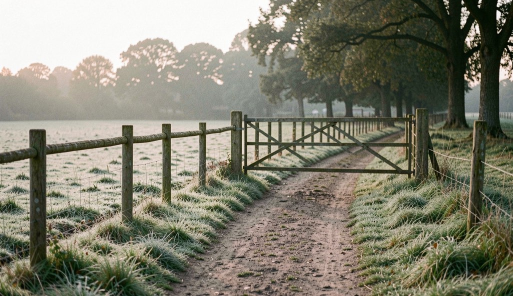 Un chemin de terre longeant un pré clôturé au petit matin, herbe couverte de rosée, barrière en bois ouverte et rangée d'arbres au fond