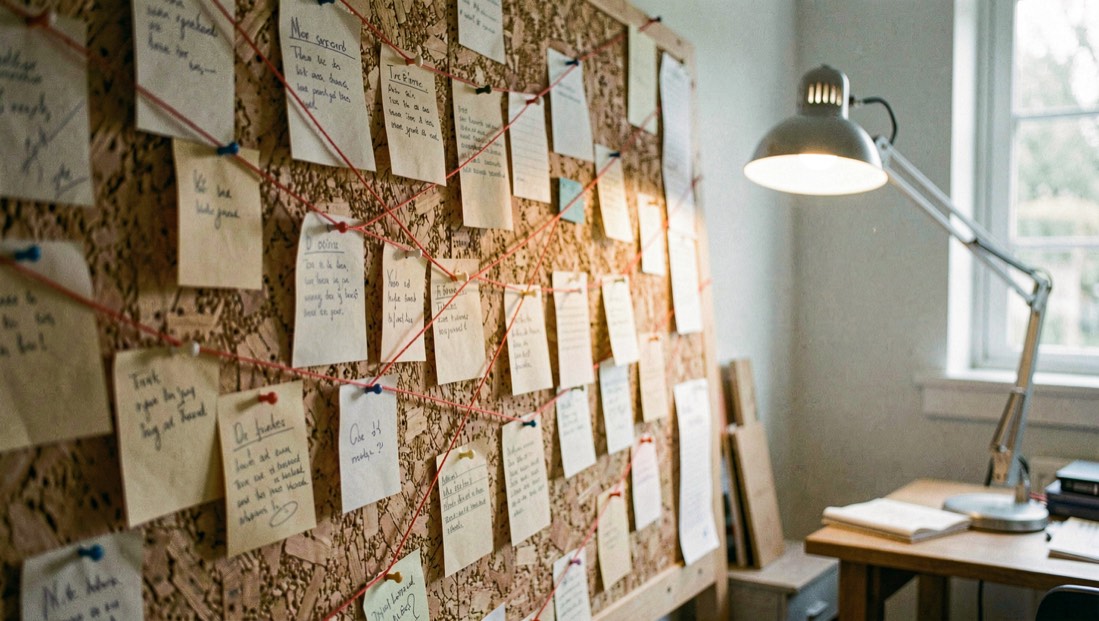 Un mur de liège couvert de fiches cartonnées reliées entre elles par de la ficelle rouge tendue entre des punaises, dans un bureau éclairé par une lampe articulée