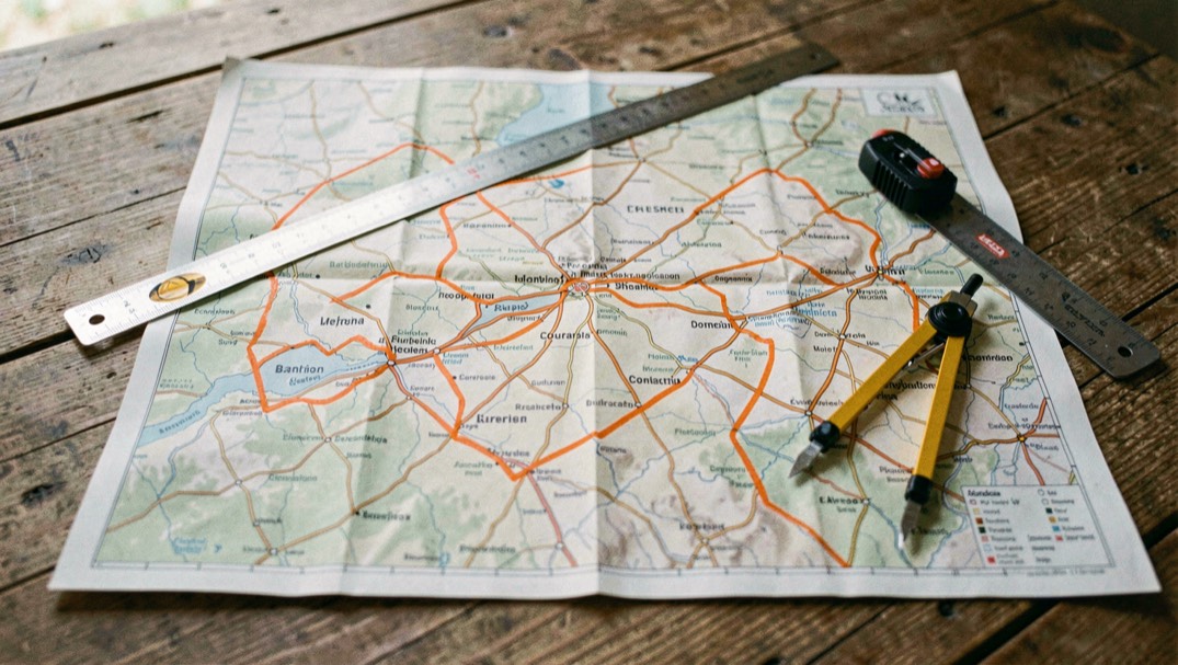 Une carte routière dépliée sur une table en bois, plusieurs communes entourées au feutre orange, une règle et une boussole de randonnée posées dessus