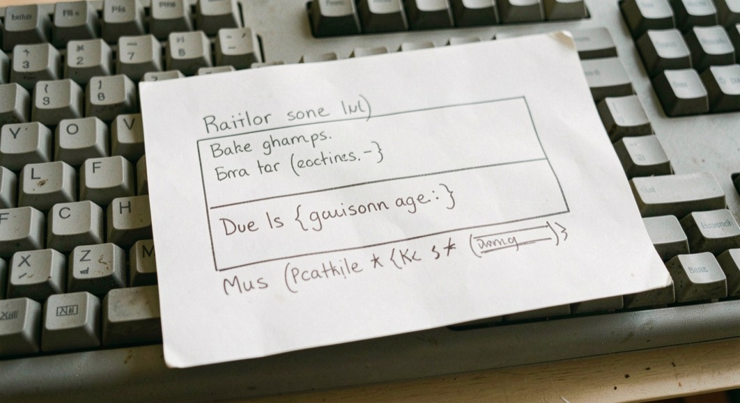 Une feuille de brouillon couverte d'un plan en trois niveaux écrit au stylo bille, avec des ratures et des accolades, posée sur un clavier mécanique gris