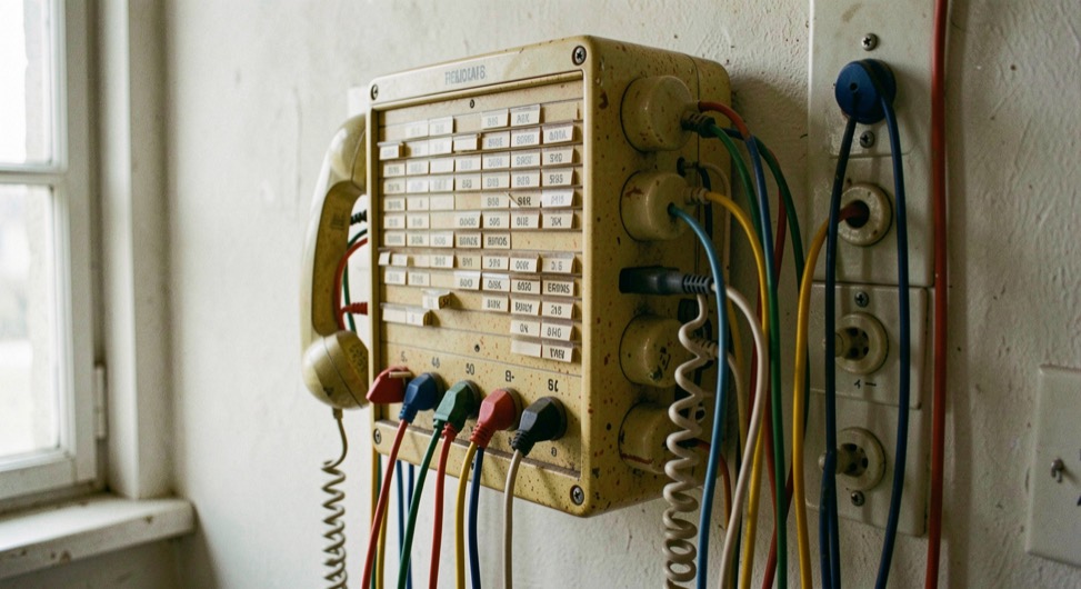 Un standard téléphonique ancien à fiches et cordons, des câbles de couleur reliant les prises d'un tableau de connexion en bakélite