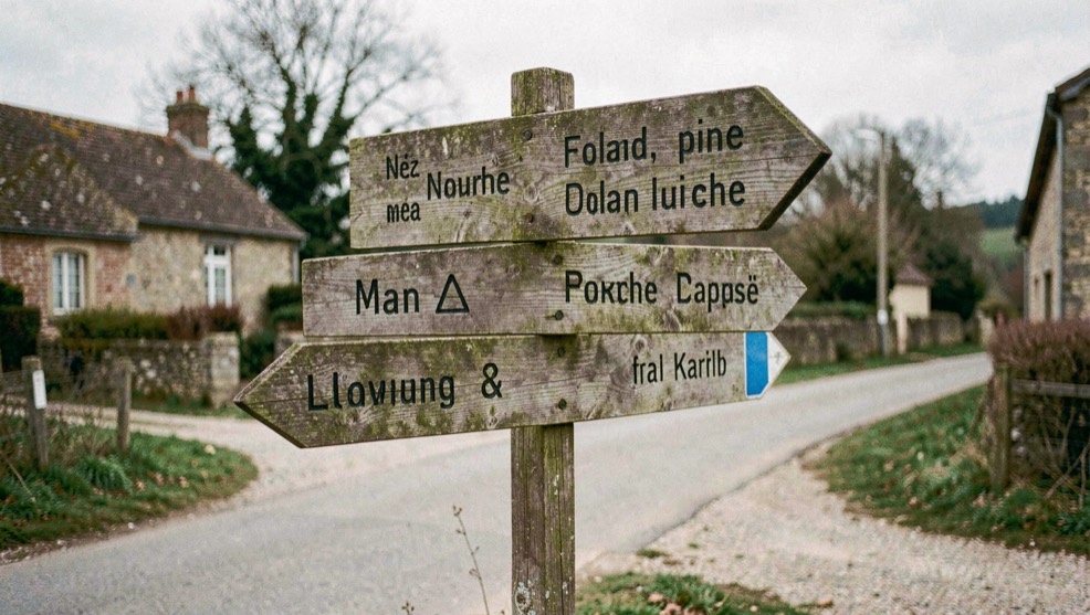 Des panneaux directionnels en bois superposés à un carrefour de campagne, indiquant plusieurs villages dans des directions différentes