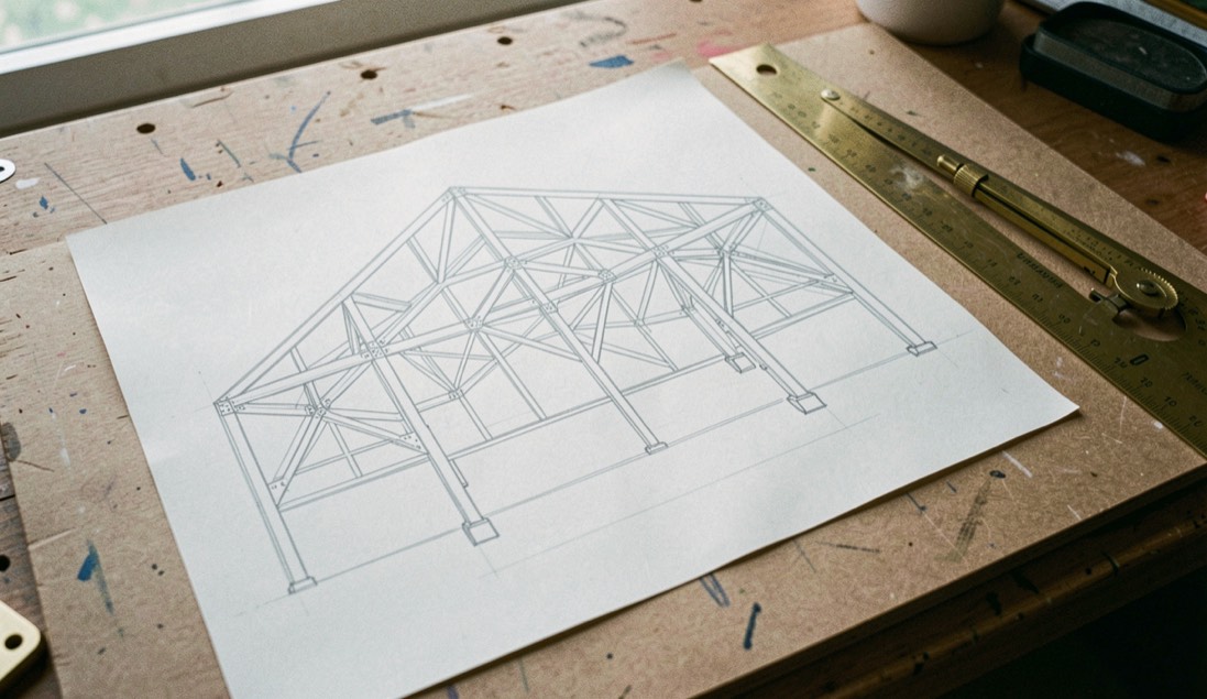 Un plan de charpente dessiné au crayon sur papier calque, posé sur une planche à dessin avec une équerre et un compas en laiton