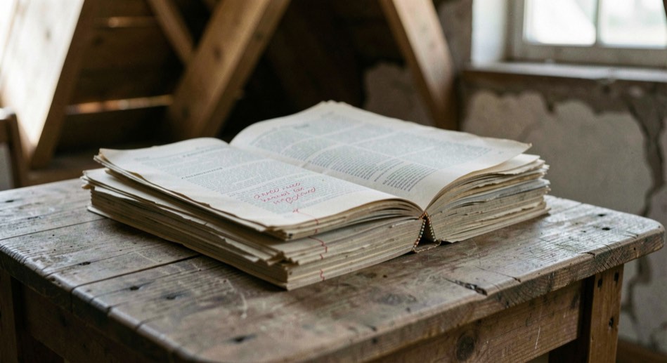 Une pile de journaux jaunis posée sur une table de grenier, le premier ouvert avec des annotations au crayon rouge dans la marge