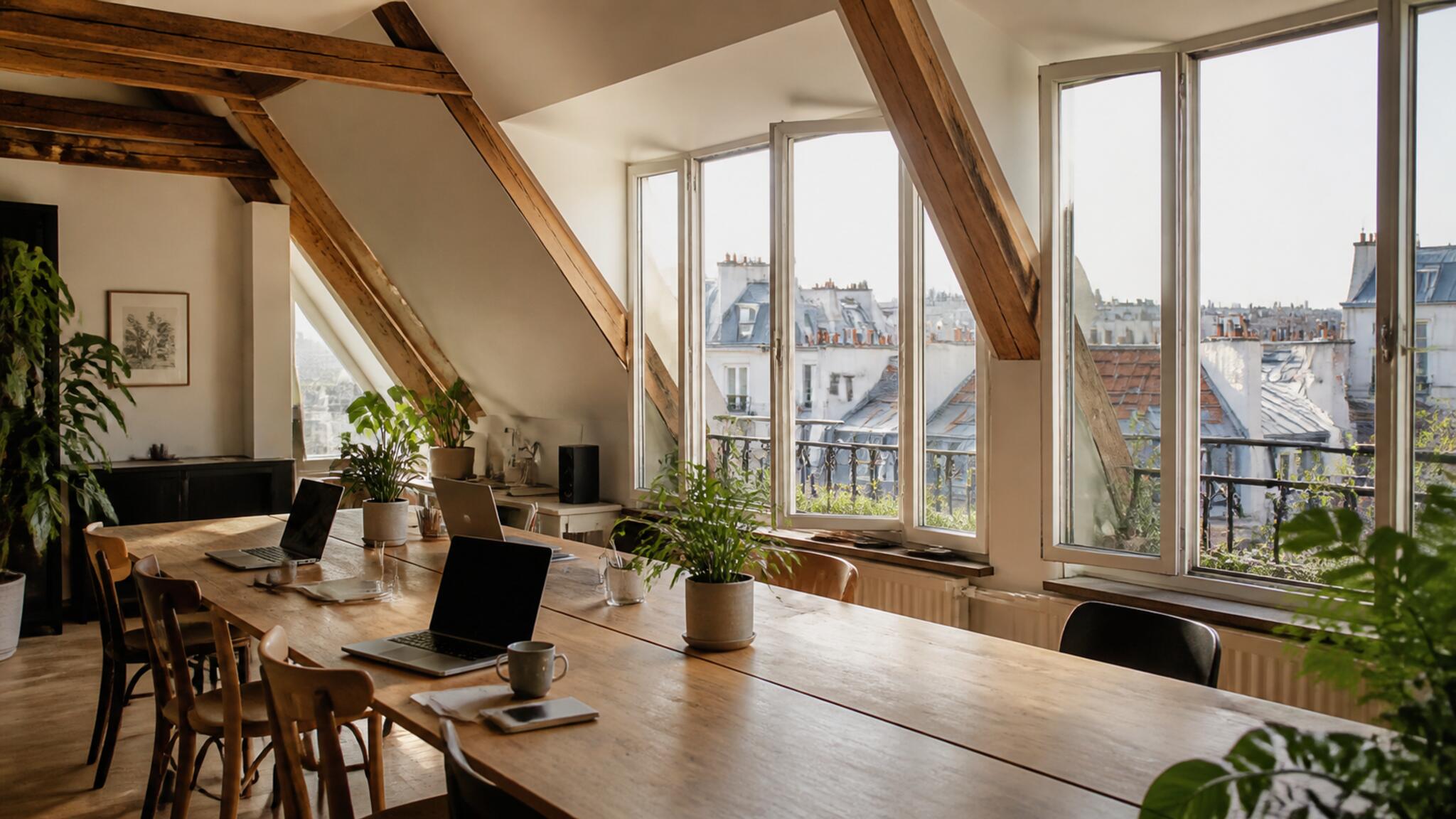 Une salle de travail lumineuse au dernier étage d'un immeuble ancien, longue table en bois, ordinateurs ouverts, plantes vertes et grandes fenêtres donnant sur les toits