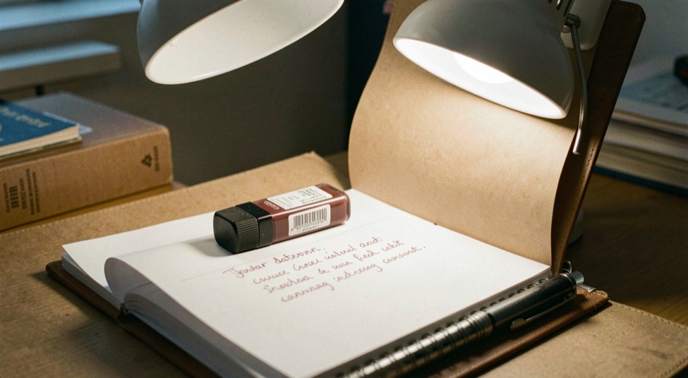 Un tampon dateur en caoutchouc posé sur un registre ouvert, l'encre encore fraîche sur la dernière ligne remplie, sous une lampe de bureau allumée