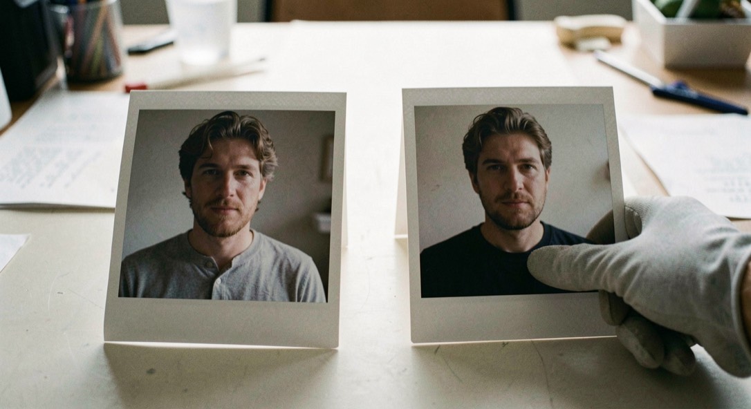 Deux tirages photographiques presque identiques posés côte à côte sur une table lumineuse, une main gantée désignant l'écart entre les deux
