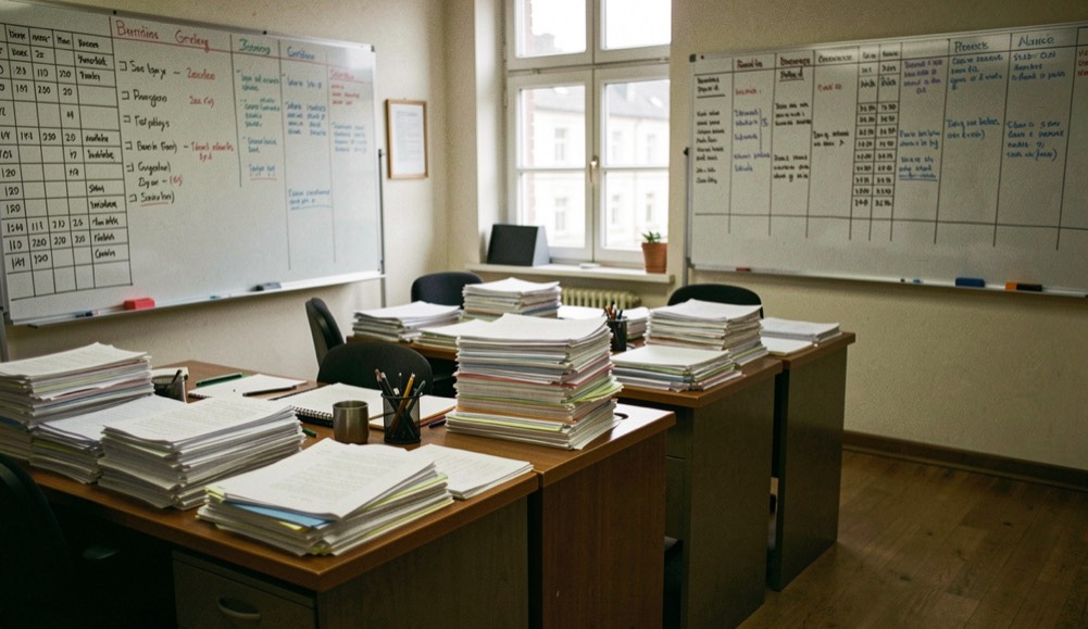 Une salle de rédaction calme en fin de journée, trois bureaux alignés couverts de dossiers annotés, un tableau blanc rempli de plannings et une fenêtre en arrière-plan