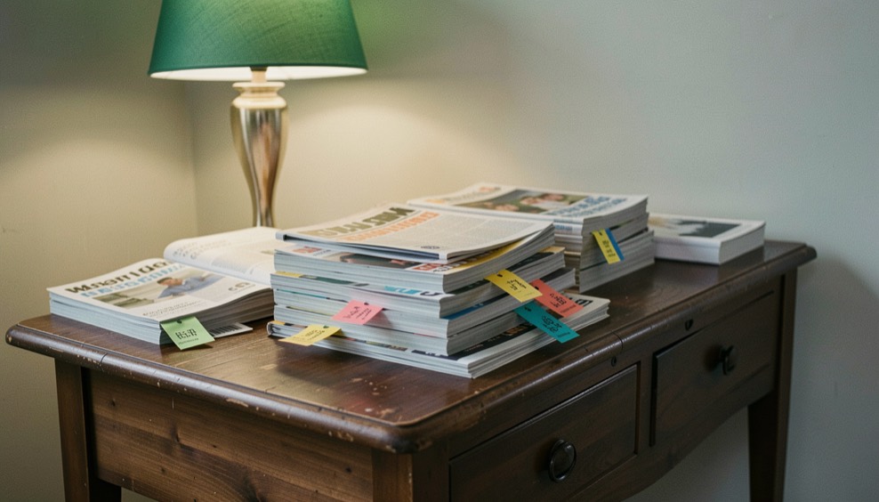 Une table de bibliothèque en bois sombre couverte de revues techniques empilées, marque-pages colorés dépassant des tranches, lampe à abat-jour vert allumée