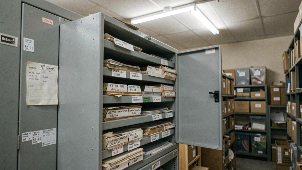 Un classeur à tiroirs métallique gris entrouvert dans un local d'archives, dossiers suspendus étiquetés à la main, éclairage de néon au plafond