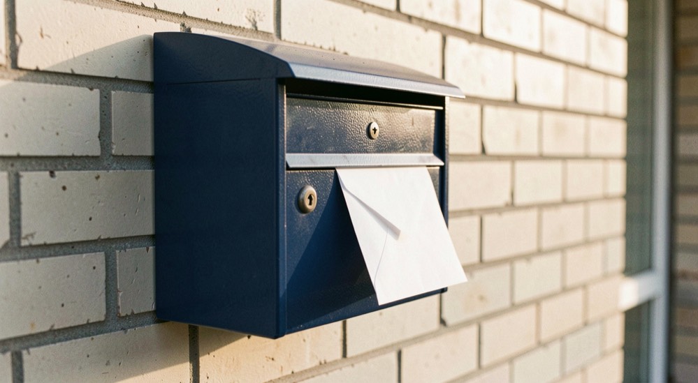 Une boîte aux lettres en métal peinte en bleu profond fixée sur un mur de briques claires, une enveloppe blanche dépassant de la fente, lumière de fin de journée