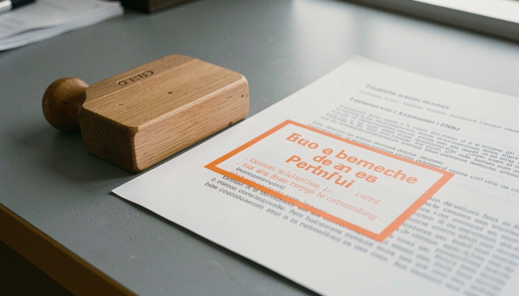 Un tampon encreur en bois posé à côté d'une feuille imprimée portant une mention encadrée à l'encre orange, sur un plan de travail en linoléum gris