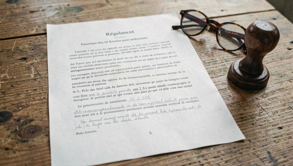 Un règlement imprimé posé sur une table en chêne, plusieurs paragraphes annotés au crayon gris, une paire de lunettes et un tampon en bois posés à côté