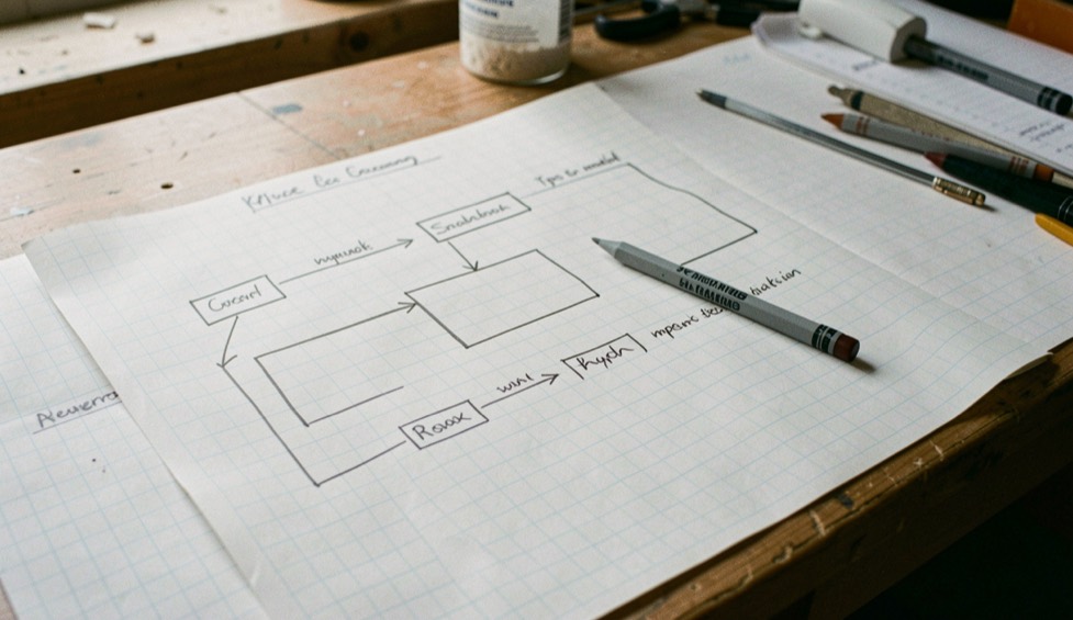 Une table d'atelier couverte de feuilles quadrillées où un plan de navigation est dessiné à la main, avec des rectangles reliés par des flèches et un crayon gris posé dessus.
