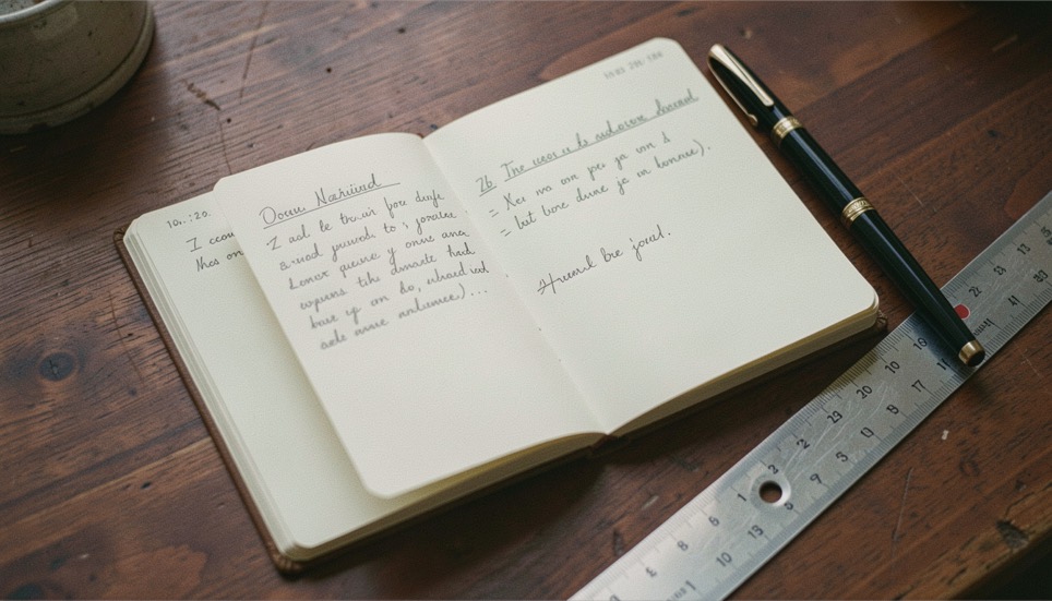 Un carnet à couverture souple ouvert sur une page de notes manuscrites datées, posé sur une table de bois sombre, avec un stylo plume et une règle graduée.