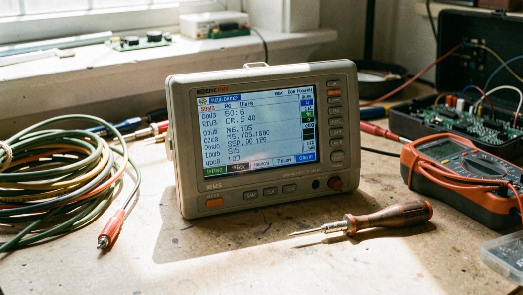 Un écran de mesure posé sur un établi d'électronique, entouré d'un multimètre, de câbles enroulés et d'un tournevis de précision, sous une lumière blanche rasante.