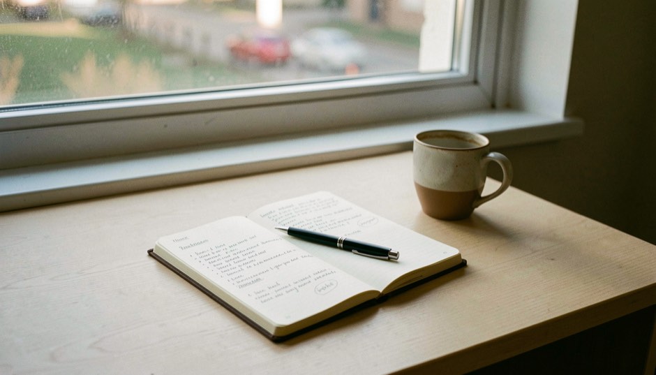 Un bureau en bois clair devant une fenêtre en fin de journée, un carnet ouvert couvert d'annotations manuscrites, un stylo posé en travers et une tasse de café à moitié vide.