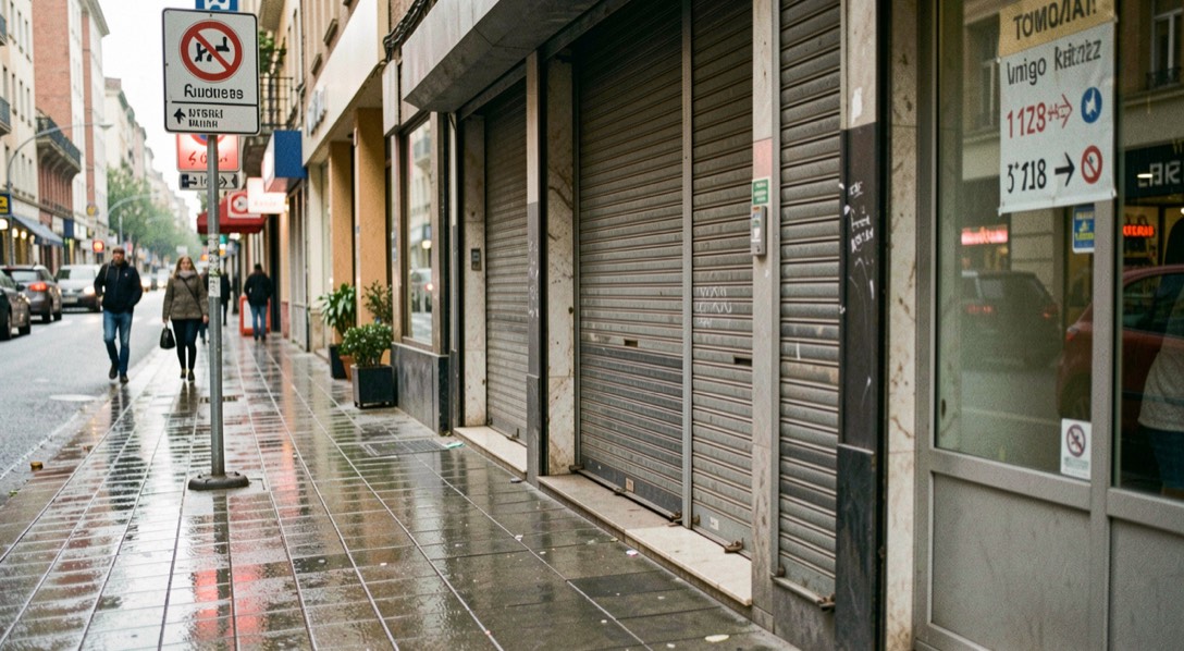 Une rue commerçante de centre-ville en début de matinée, une devanture aux stores encore baissés, un panneau indicateur et des pavés humides après la pluie.
